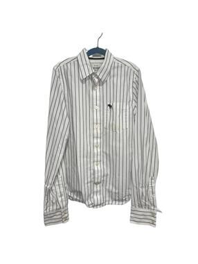 Abercrombie & Fitch Men's White Striped Button-Down Shirt with Moose Logo XL